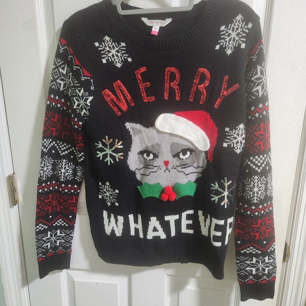 No Boundaries Merry Whatever Grumpy Cat Ugly Christmas Sweater XXL Sequin